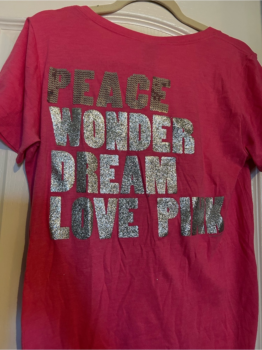 PINK Victoria's Secret Pink Tee Sequin Glitter Peace Dream Love Pink